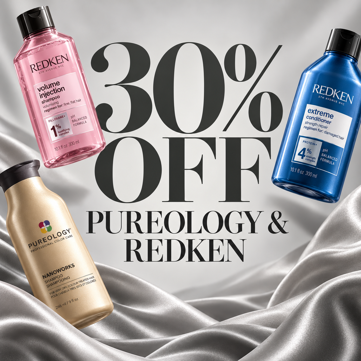 30% off Pureology and Redken, with floating haircare bottles on a silver-grey background